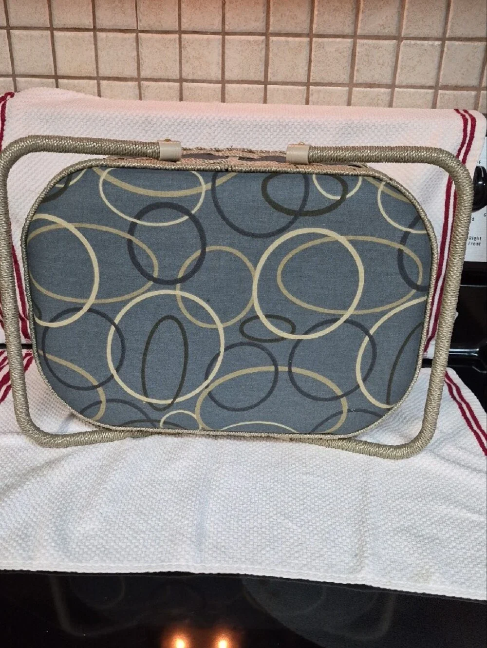 Woven Decorative Sewing Basket with Blue Pattern and Cream Trim Wooden Bottom